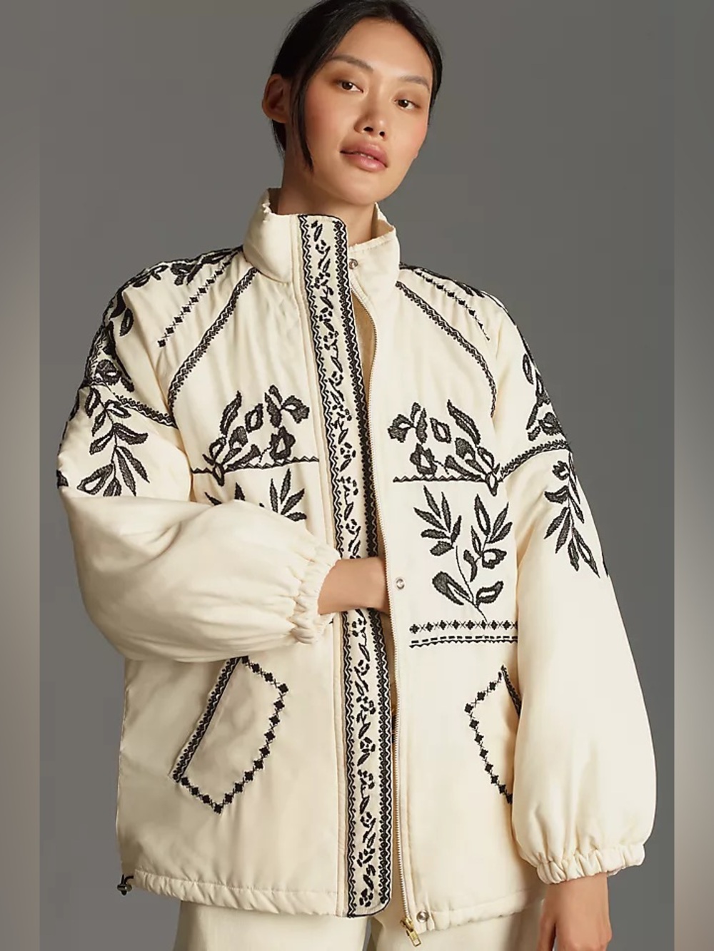 NWT Anthropologie Ivory Black Floral Embroidered Puffer Jacket Boho Quilted Coat